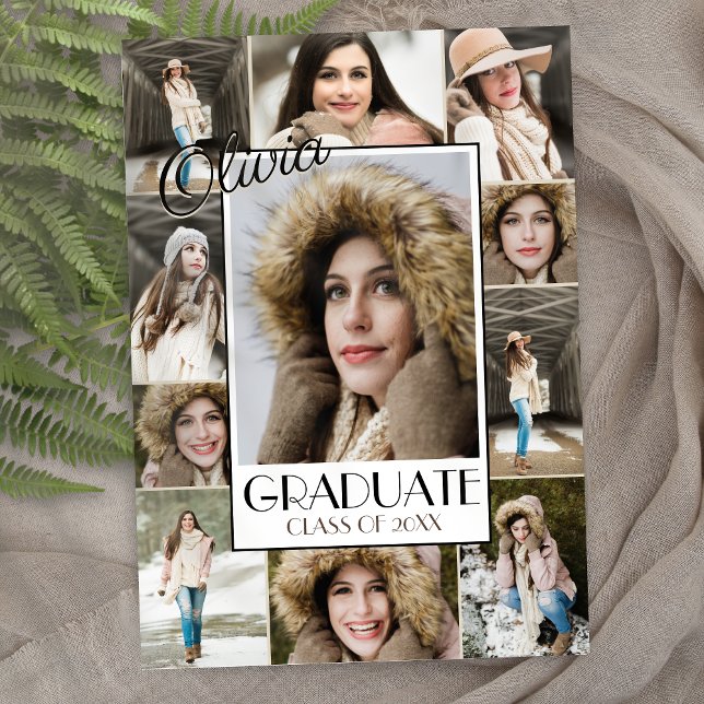 Moderna Invitación de graduación de 11 Collages de (modern elegant trendy senior photo collage graduation announcement invitations with script)