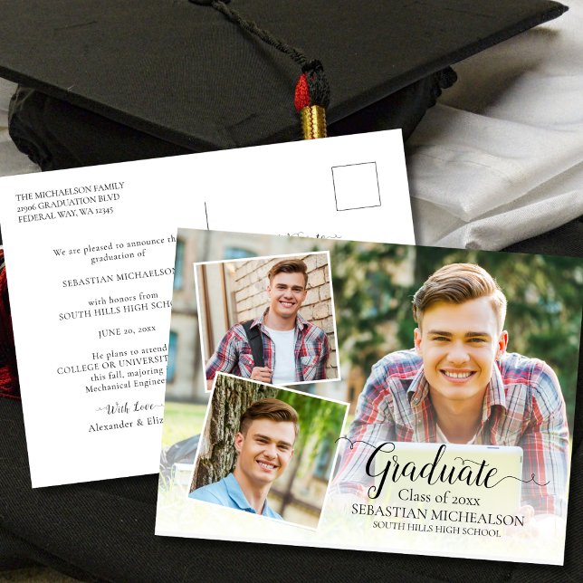 Moderna Invitación de graduación fotográfica de 3 (Modern 3 Photo Graduation Announcement Postcard)
