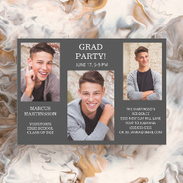 Moderna invitación de graduación gris de 3 fotos (