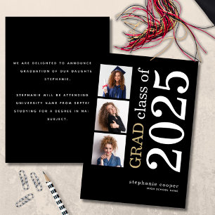 Moderna Invitación de graduación negra de 3 fotos 
