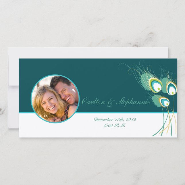 Moderna Invitación fotográfica de Boda de pavo rea (Anverso)