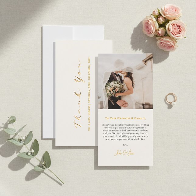 Moderna la tarjeta de agradecimiento a tu boda (Gold script, photo and message, wedding thank you card.)