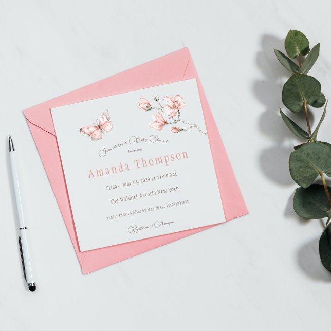 Moderna Magnolia Rubor Mariposa rosa Baby Shower (Subido por el creador)