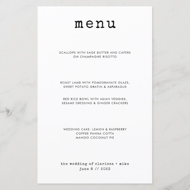 Moderna máquina de escribir menú Boda de cena (Anverso)