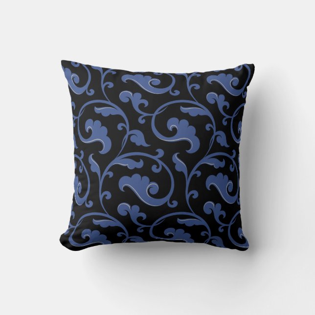 Moderna moda elegante almohada floral azul y negra (Anverso)