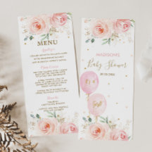 Moderna Moda Rubor Floral Balones Menú Baby Shower