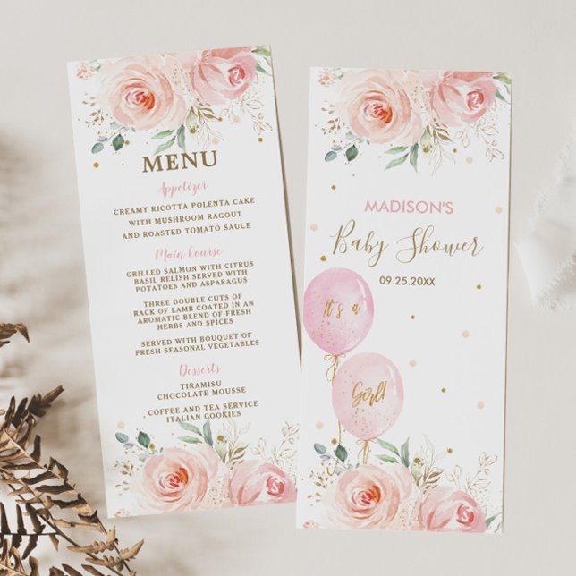 Moderna Moda Rubor Floral Balones Menú Baby Shower (Subido por el creador)