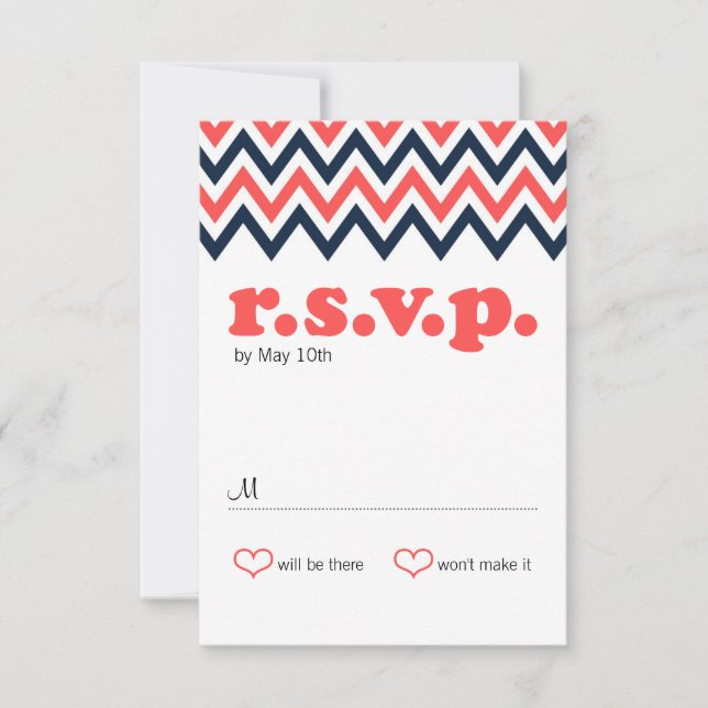 Moderna Navy & Coral Chevron & Lovebirds RSVP (Anverso)