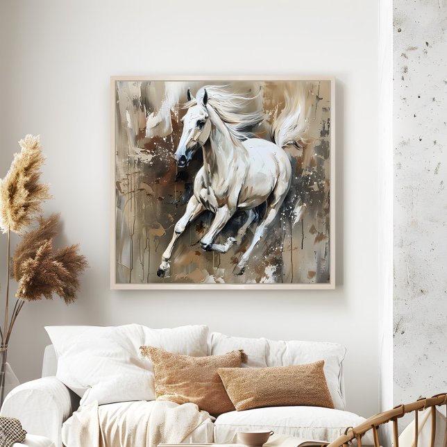 Moderna pintura de caballos blancos de arte estéti (Modern White Horse Painting Aesthetic Wall Art in a neutral boho living room.)