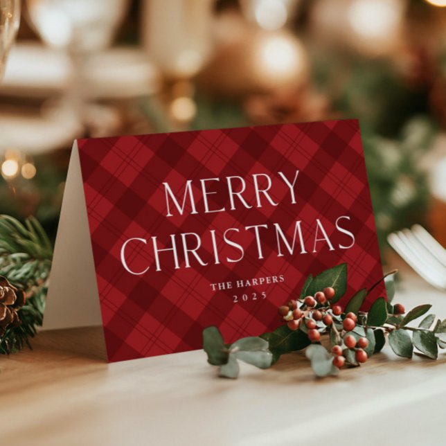Moderna Placa Roja Elegante Feliz Navidad Doblada (Rustic Merry Christmas Red Plaid Folded Holiday Cards.)