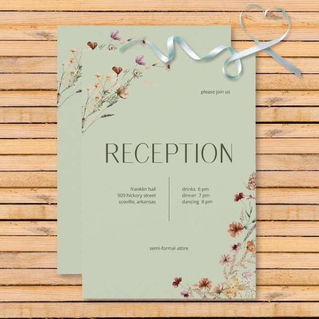 Moderna recepción con ramos de flores silvestres d (Modern Sage Green Wildflower Bouquet Wedding Reception Card)