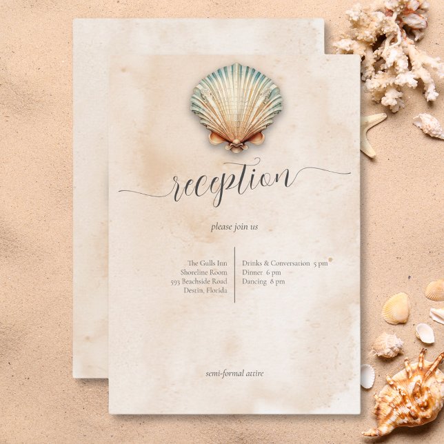 Moderna recepción costera para bodas de arena (Modern Coastal Seashell Sand Wedding Reception Enclosure Card)