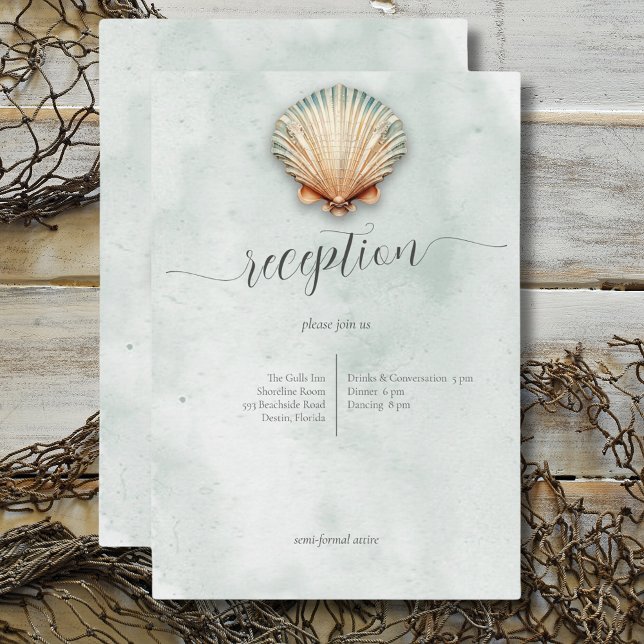 Moderna Recepción de Bodas de Campaña Costera (Modern Coastal Seashell Aqua Wedding Reception Enclosure Card)