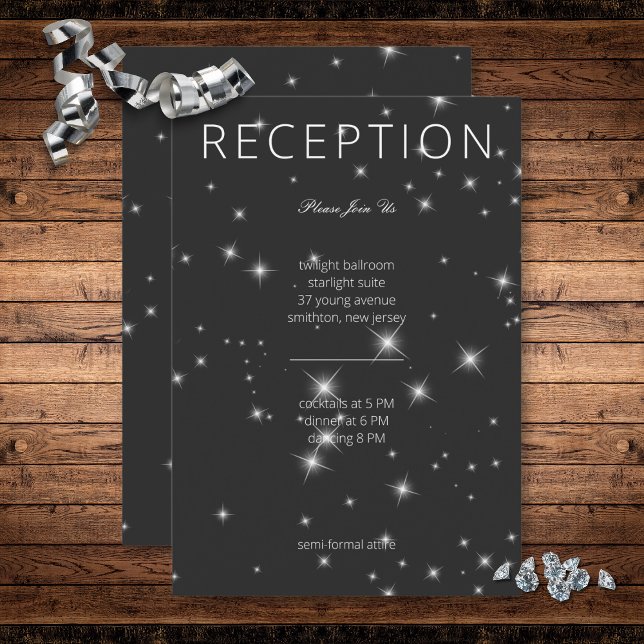 Moderna recepción de carbón vegetal negro (Modern Charcoal Black Winter Sparkle Wedding Reception Card)