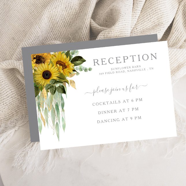 Moderna recepción de casamiento con girasol gris (Modern Gray Sunflower Wedding Reception Enclosure Card)