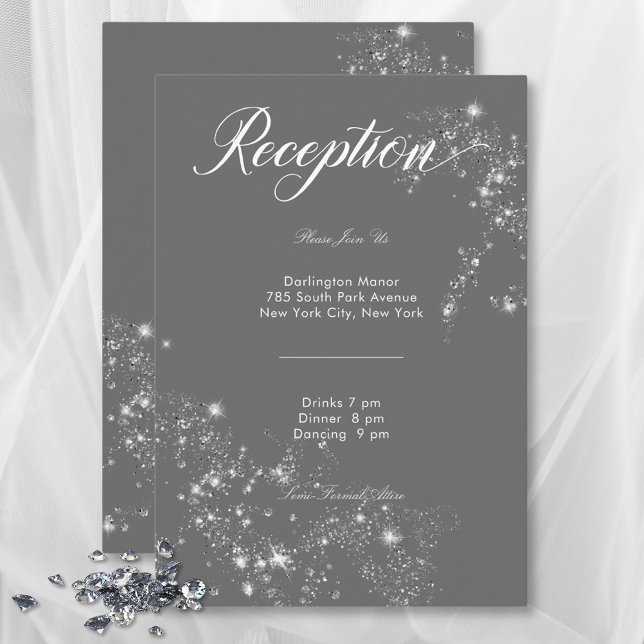 Moderna Recepción de Diamantes de Gris y Glam Blan (Modern Minimal Gray & White Glam Diamond Reception Enclosure Card)