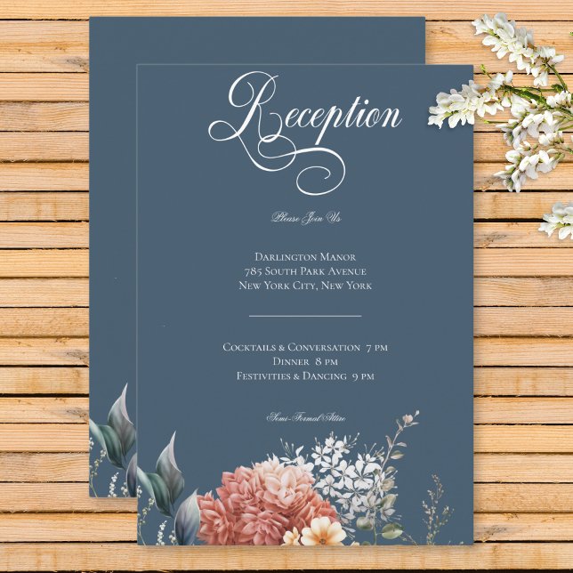 Moderna recepción romántica con flores en el jardí (Modern Romantic Blue Garden Floral Wedding Reception Enclosure Card)