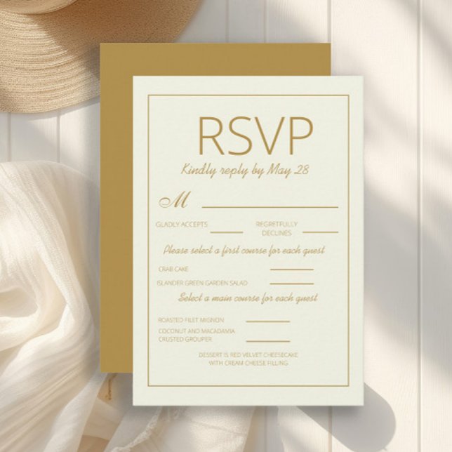 Moderna selección de comida RSVP de la Boda de Oro (Gold and white vertical wedding RSVP card)