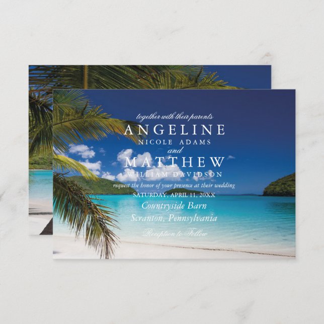 Moderna tarjeta Boda Tropical Beach Palm Sea (Anverso / Reverso)