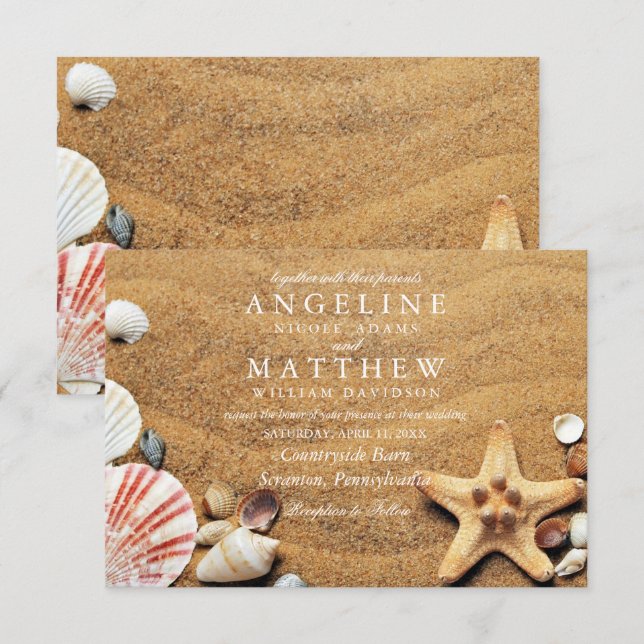 Moderna tarjeta Boda Tropical Beach Starfish Sea (Anverso / Reverso)
