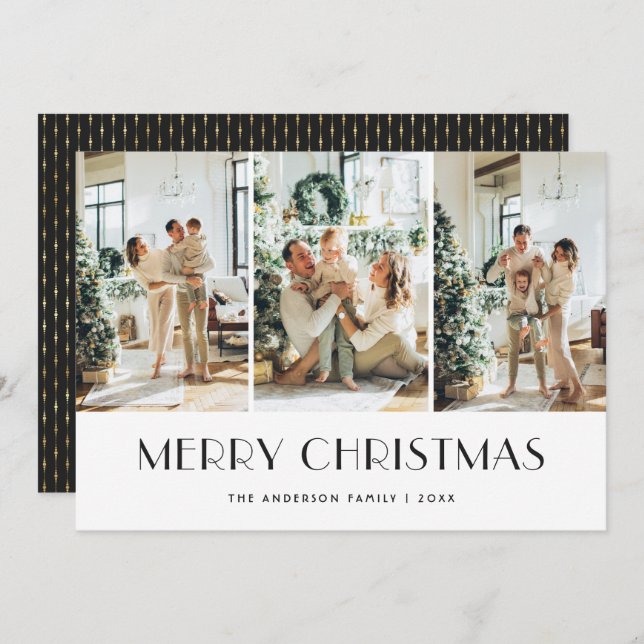 Moderna tarjeta de Navidad Black Gold Photo Merry (Anverso / Reverso)