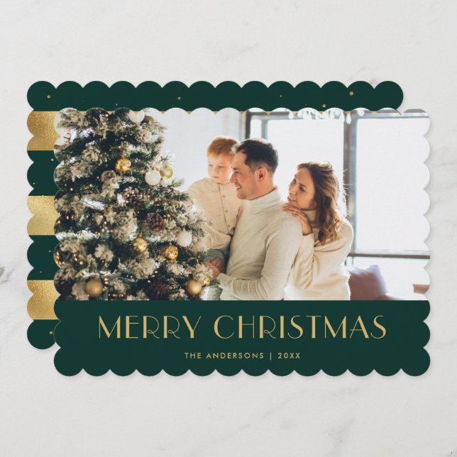 Moderna tarjeta de navidad con foto de oro verde (Anverso / Reverso)