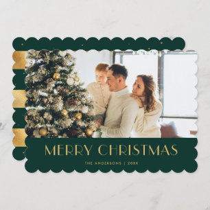 Moderna tarjeta de navidad con foto de oro verde
