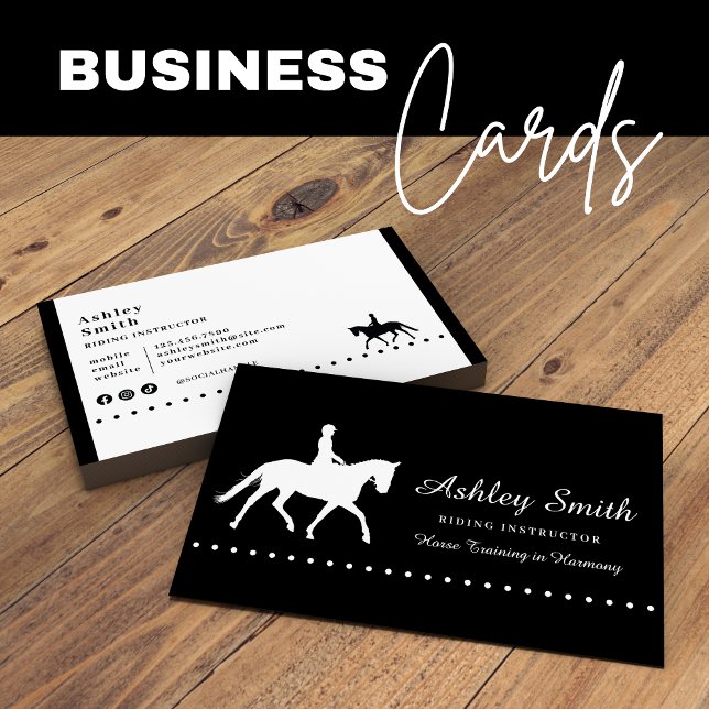 Moderna tarjeta de visita para entrenador de cabal (Modern Trendy Horse Trainer Business Card Black and White)