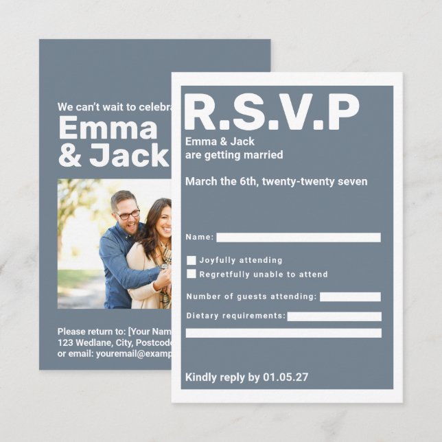 Moderna tipografía azul negrita Boda RSVP (Anverso / Reverso)