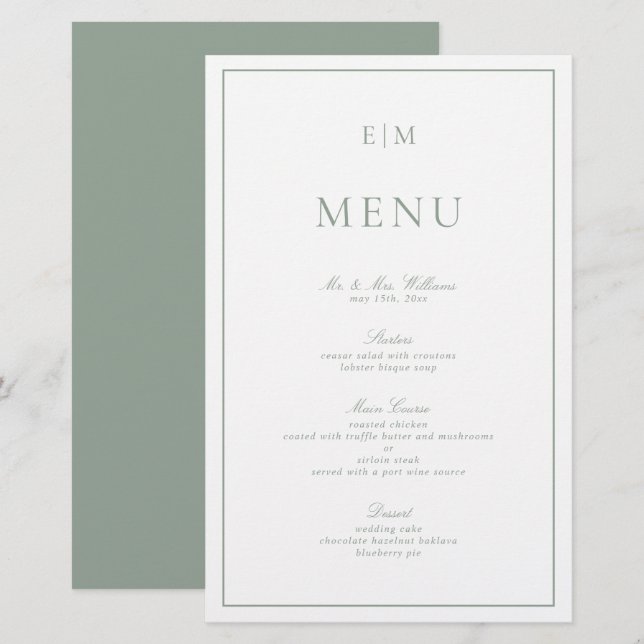 Moderna tipografía Menú Boda de monograma verde sa (Anverso / Reverso)