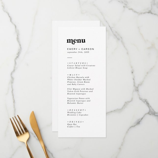 Moderna tipografía negra Boda menú de cena (Anverso/Reverso In Situ)