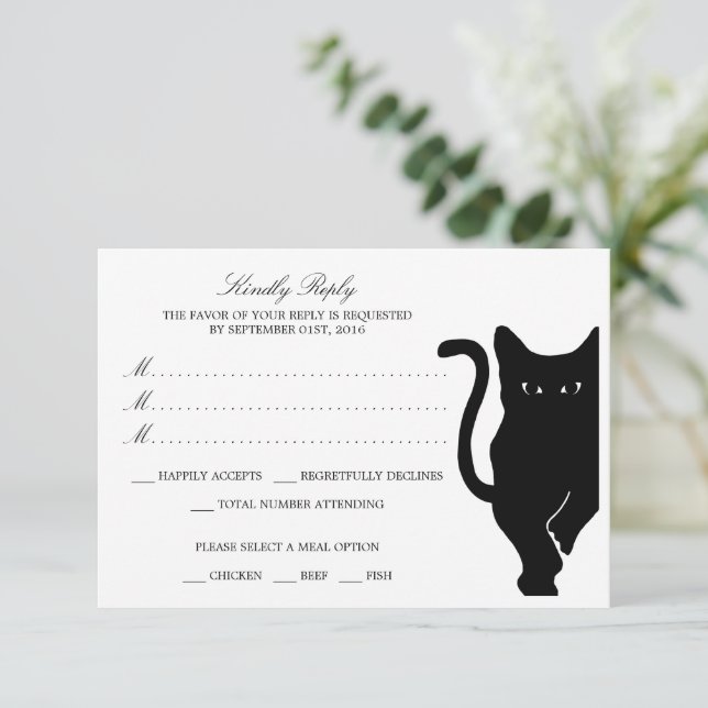 Moderna y caprichosa boda de gato negro RSVP (Anverso de pie)