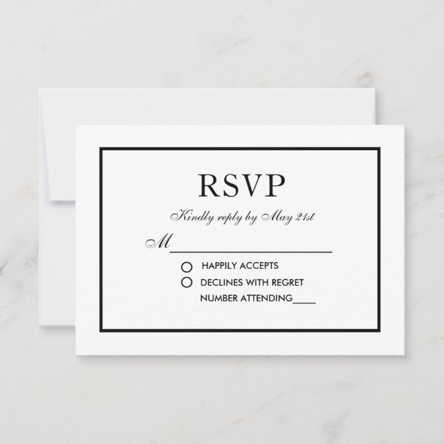 Moderna y elegante Boda RSVP Tarjeta blanca y negr (Anverso)