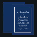 Moderna y elegante invitación a la boda azul<br><div class="desc">Tarjeta de invitación Boda clásica azul y blanco elegante y moderna</div>