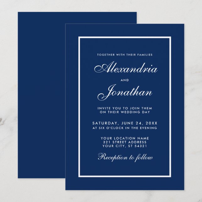 Moderna y elegante invitación a la boda azul (Anverso / Reverso)