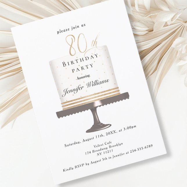 Moderna y elegante invitación al cumpleaños 80. (Modern, elegant, luxury, white & gold, 80. birthday invitation with cake illustration.)