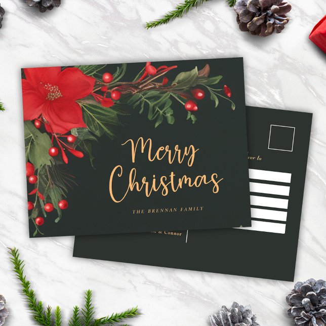 Moderna y elegante Navidad Botánica Verde (Modern Elegant Green Botanical Merry Christmas Holiday Postcard)