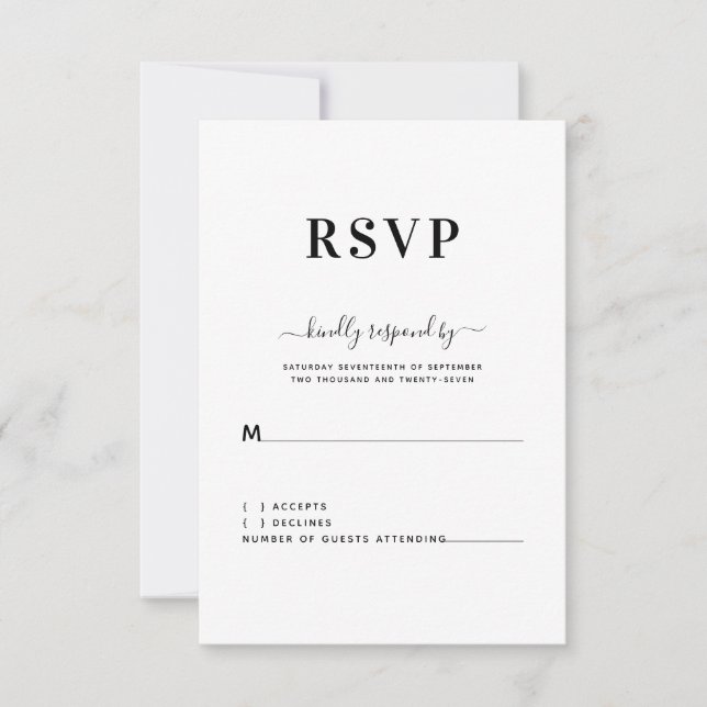 Moderna y simple boda blanca negra RSVP (Anverso)