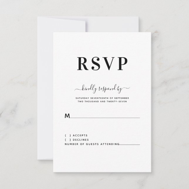 Moderna y simple boda blanca y negra RSVP (Anverso)