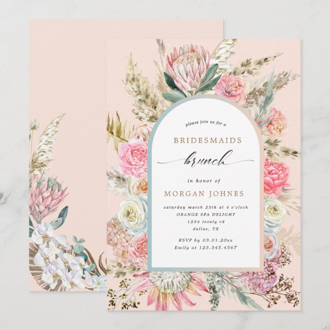 Modernas novias florales bohemias invitan a brunch (Anverso / Reverso)