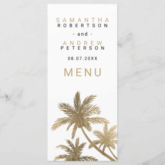 Modernas palmeras de oro elegante menú de bodas (Anverso)