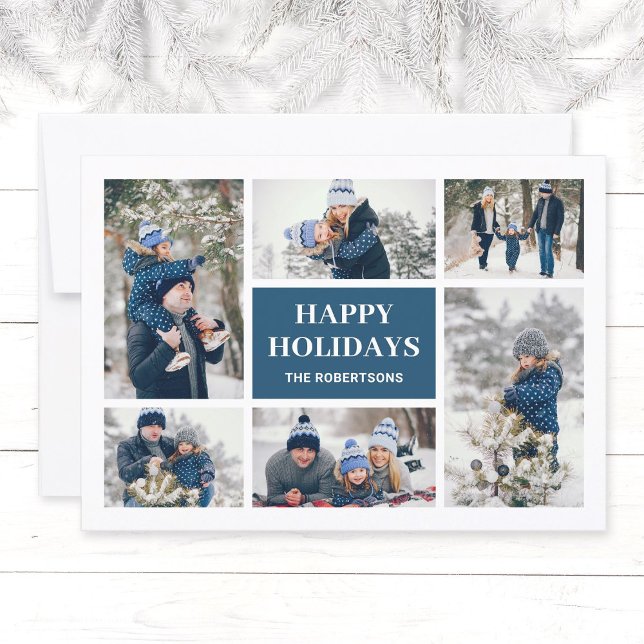 Modernas tarjetas Verde azuladas Minimalistas para (Modern, elegant family in winter photo collage Christmas greeting card in teal blue, Happy Holidays.)
