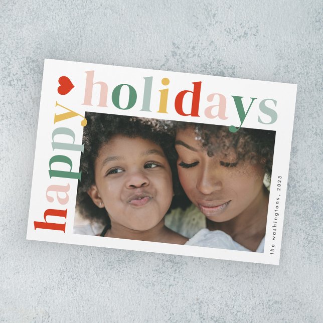 Modernas y coloridas vacaciones felices Foto Tarje (Modern colorful typography happy holidays photo holiday magnetic card.)
