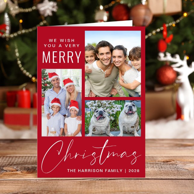 Moderno 3 Foto Feliz Navidad Rojo (This holiday season, let your family's smiles and heartwarming memories shine on our 3 photo card)