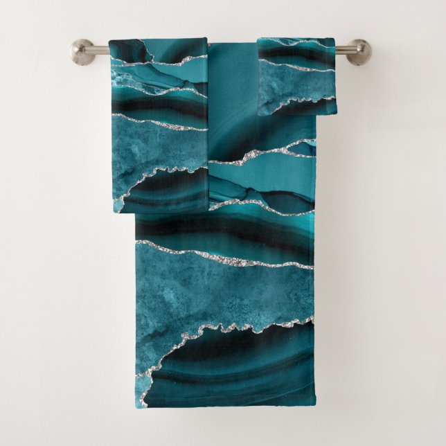 Moderno Abstracto Agata Azul Teal Plata Brillo  (In situ)