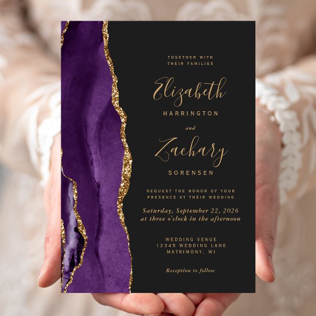 Moderno Agate de Oro Púrpura Invitación a la Boda  (An elegant way to invite friends and family to share your special day.)