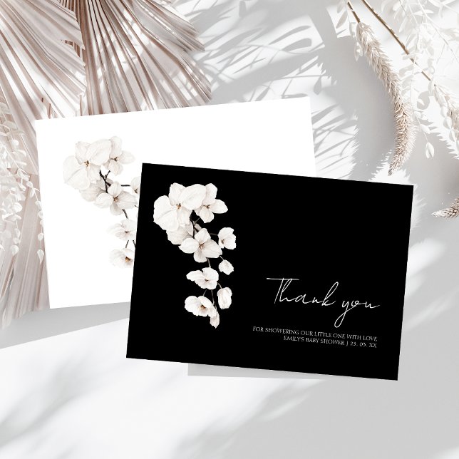 Moderno agradecimiento de baby shower de orquídea  (Modern Black and White Orchids Flowers Baby Shower Thank You Card)