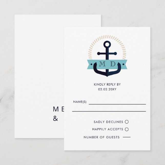 Moderno Ancla Naval Boda Monograma Náutico RSVP (Anverso / Reverso)