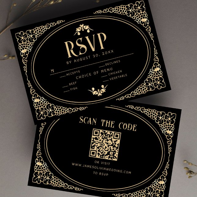Moderno Art Deco Negro y Faux Gold RSVP QR Code (Subido por el creador)