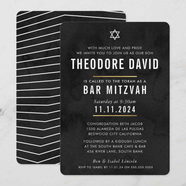 MODERNO BAR MITZVAH patrón negro simple Invitación (Anverso / Reverso)